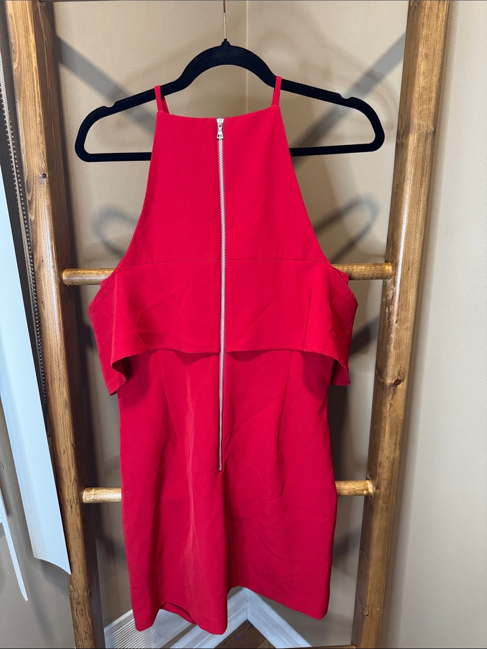 Red Ruffle Cold-Shoulder Mini Dress - Picture 2 of 3